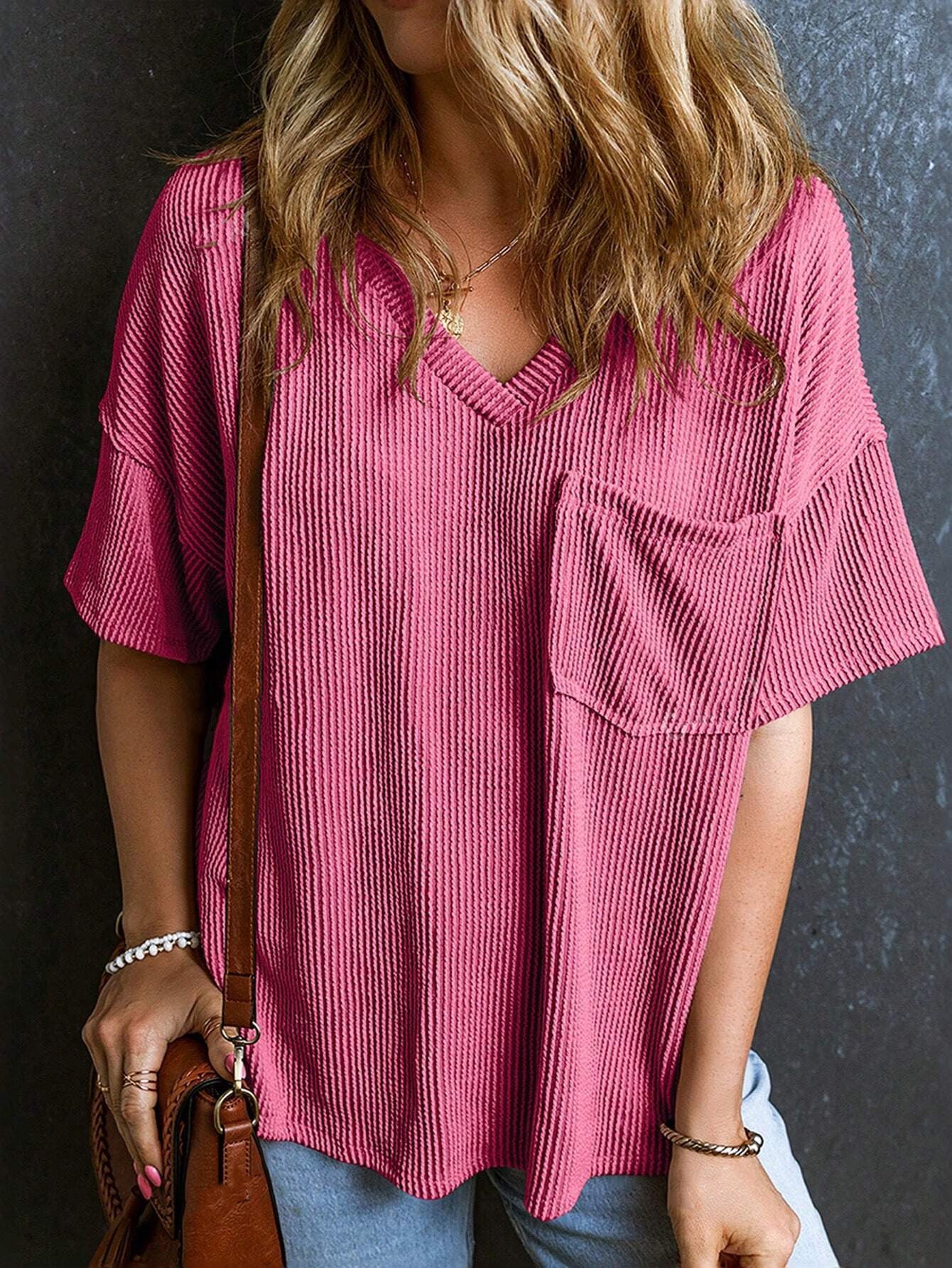 Women's Fashionable Two-color Twisted Pocket Short-sleeved For Blouses