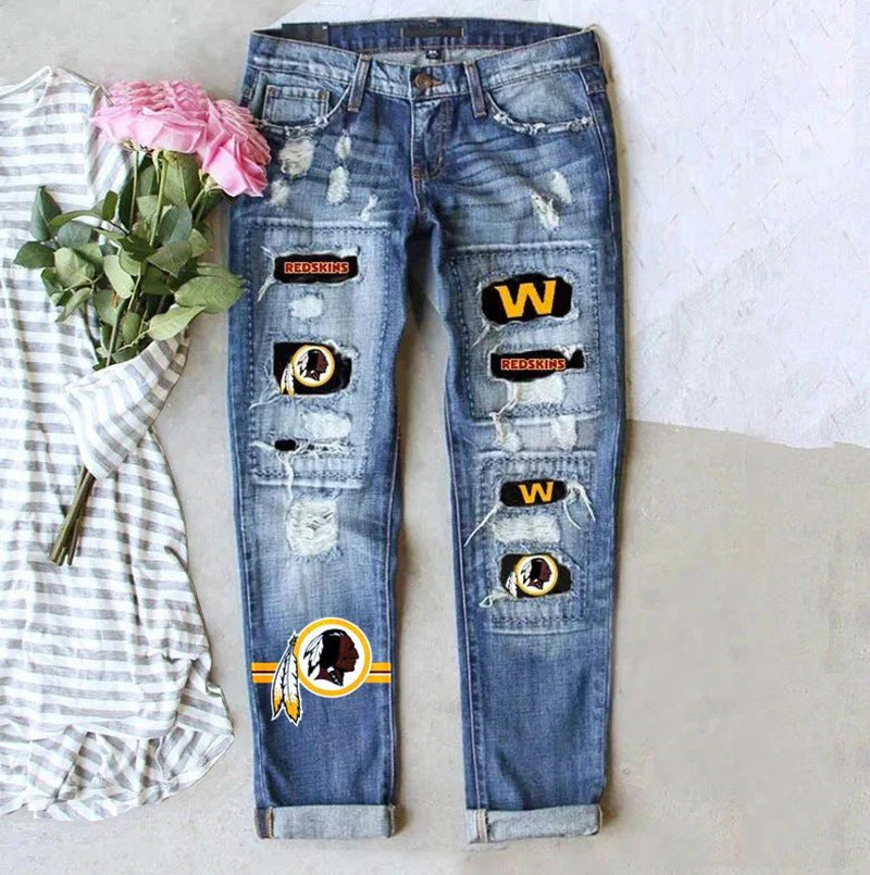 Women's Fans Fashion Holes Printed Mid Waist Jeans
