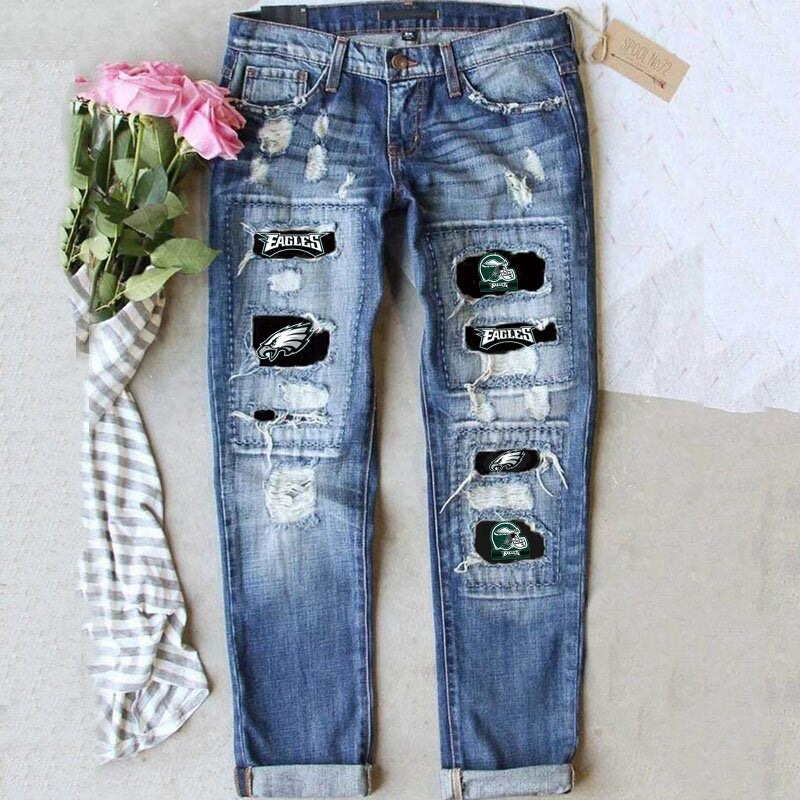 Women's Ripped Print Street Contrast Color Straight Jeans