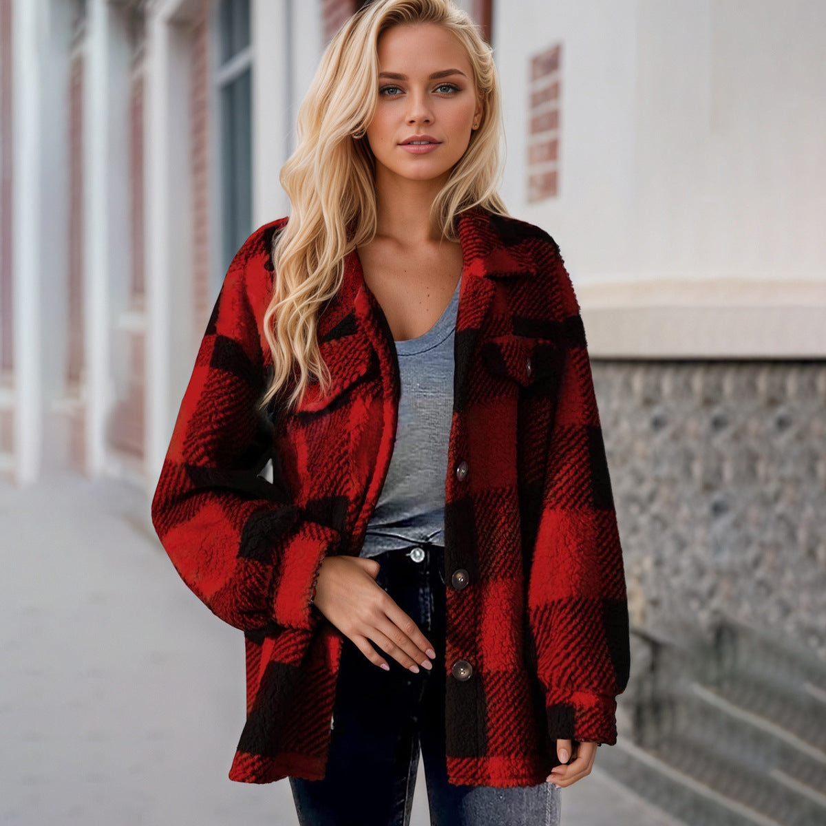 Women's Button Lapel Plush Plaid Loose Casual Coats