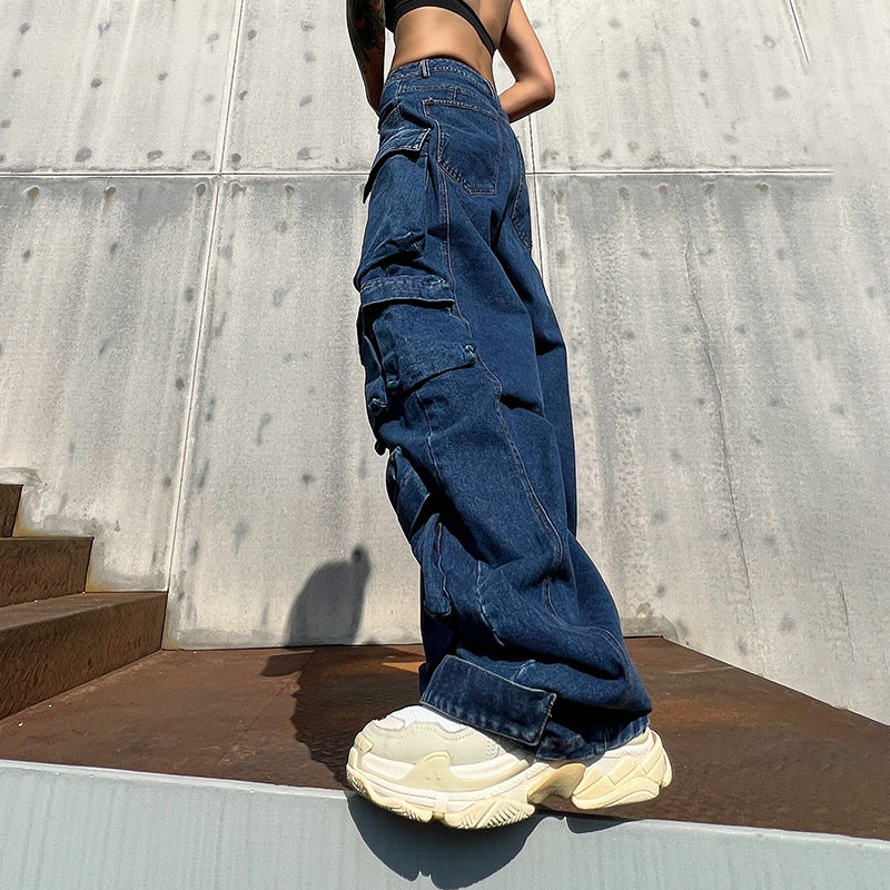 Women's Waist Large Pocket Loose Casual Cool Jeans