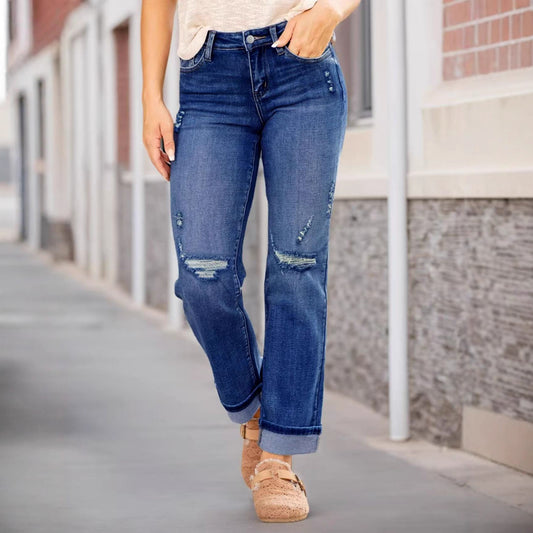 Women's Comfortable Ripped Elastic Straight Denim Trousers Jeans
