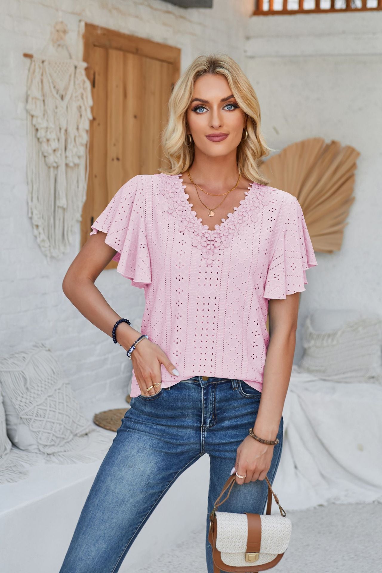 Women's Lace Ruffle Solid Color Loose T-shirt Blouses