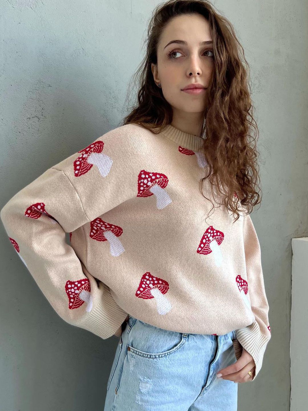 Women's Niche Mushroom Printed Loose Casual Style Sweaters