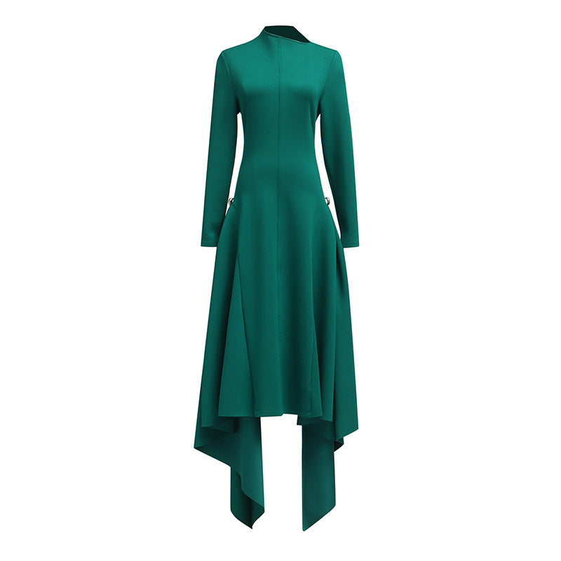 Diagonal Collar Asymmetric Large Hem Ruffled Dresses