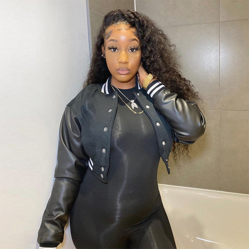 Women's Long-sleeved Solid Color Buttons Baseball Stitching Jackets