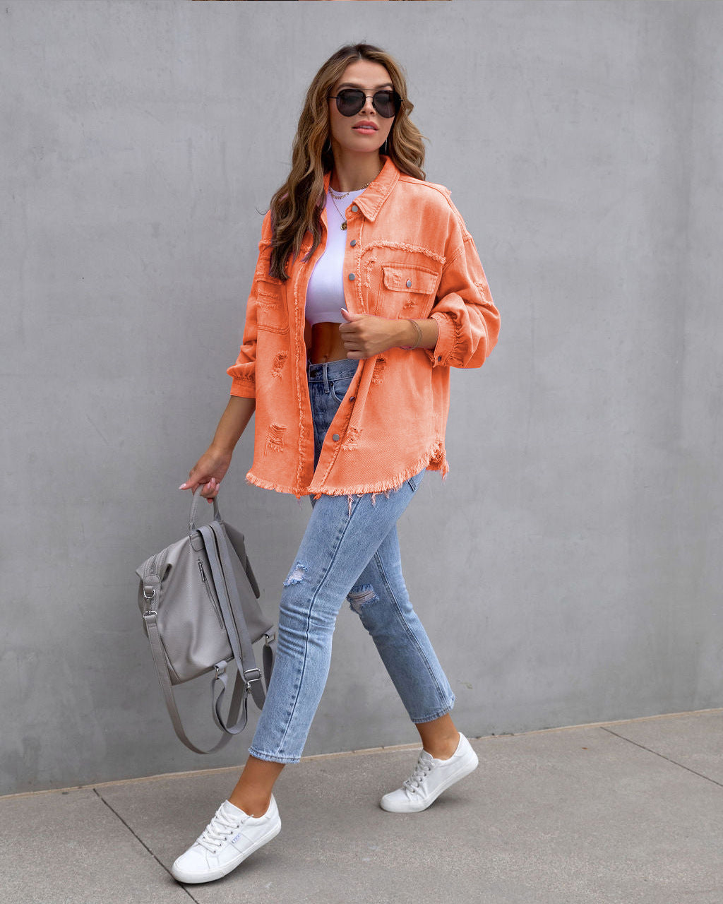 Women's American Raw Hem Ripped Denim Long-sleeved Jackets