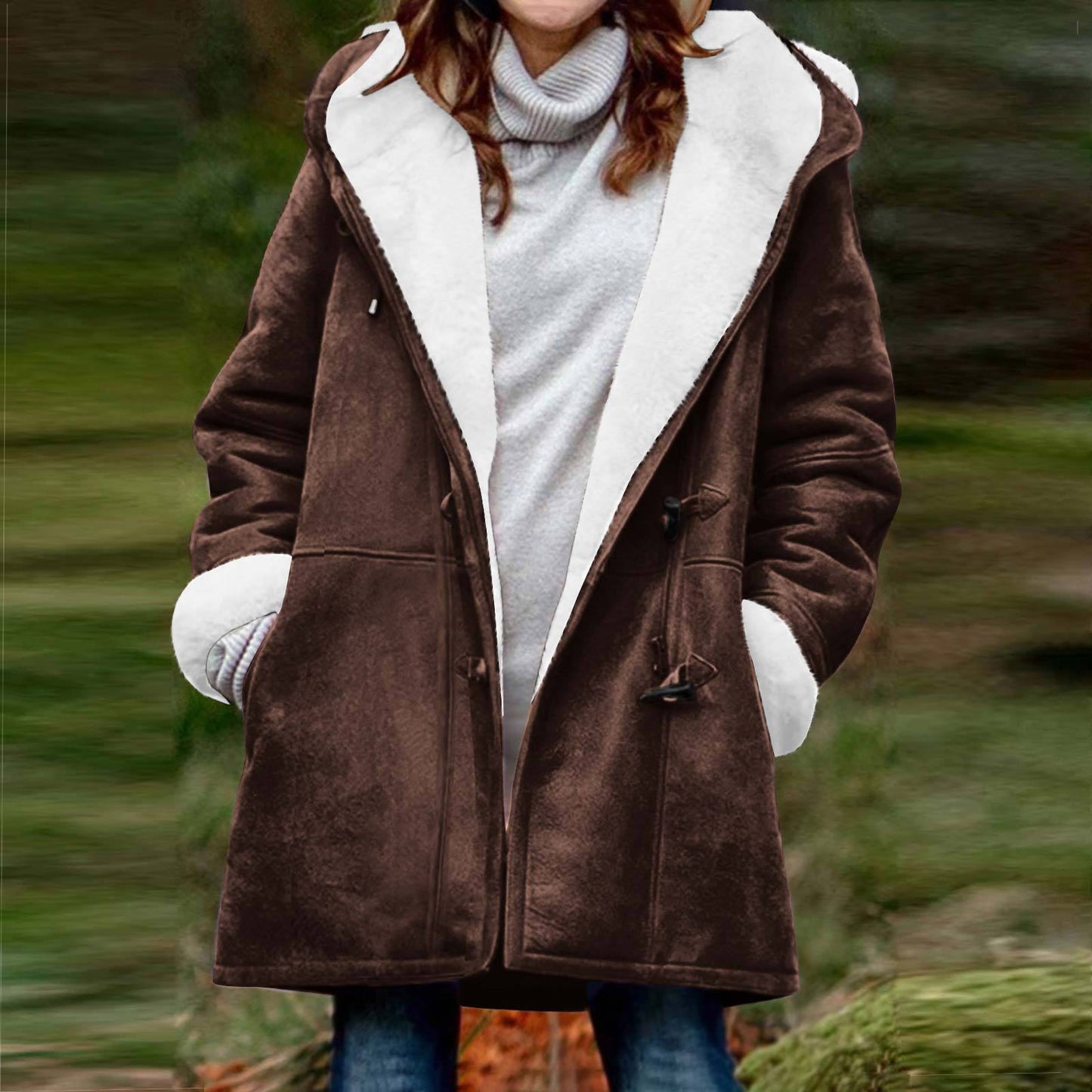 Women's Long Sleeve Horn Button Suede Fleece-lined Coats