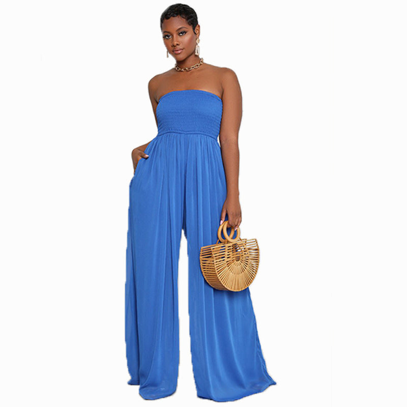 Women's Blue Wide Leg Leisure Chiffon High Pants