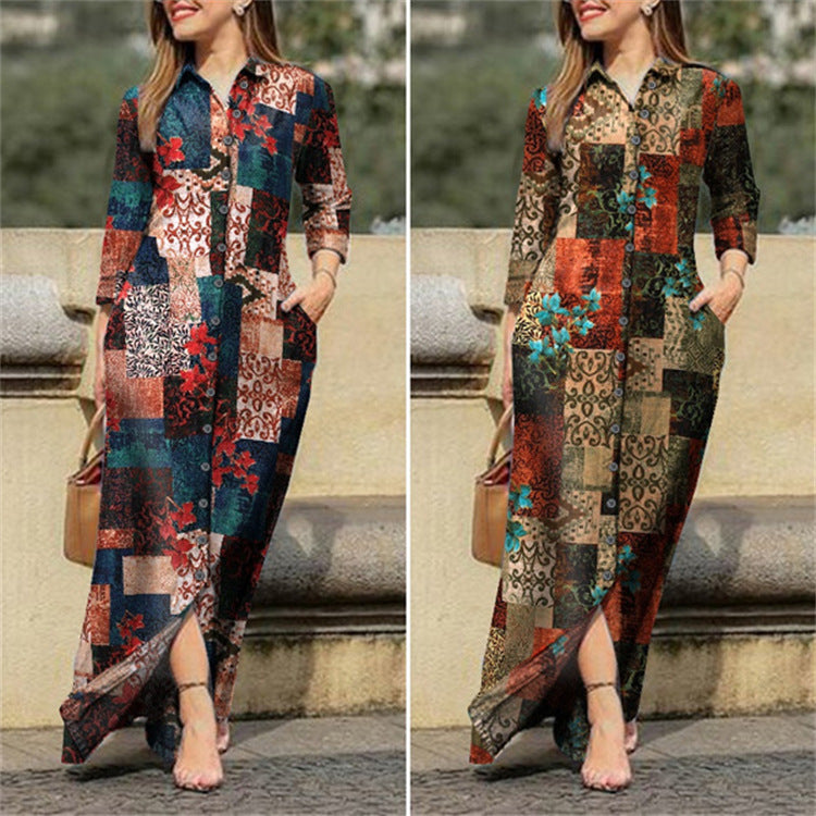 Women's Casual Polo Collar Robe Long Floral Dresses