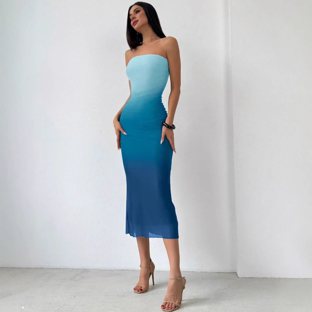 Gradient Pleated Sexy Tight Split Strapless Dresses