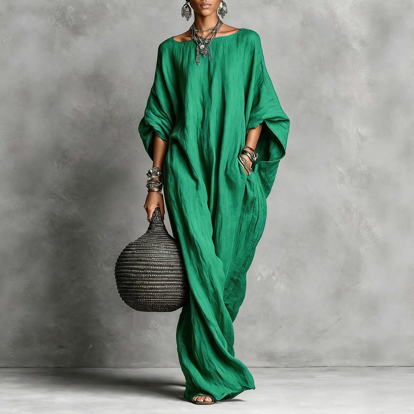 Women's Retro Solid Color Temperament Long Sleeve Dress