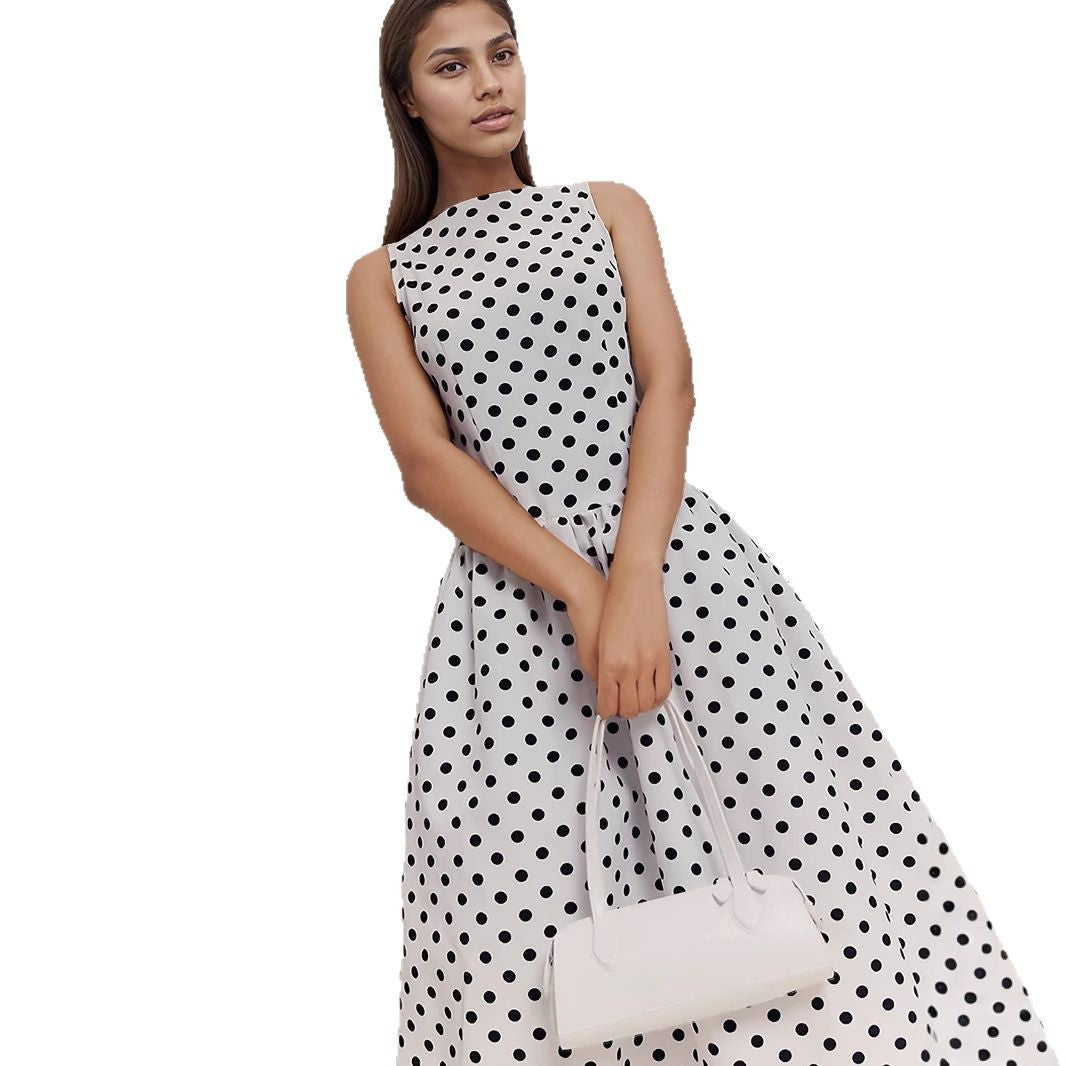 Women's European Style Retro Sleeveless Polka-dot Long Dress Dresses
