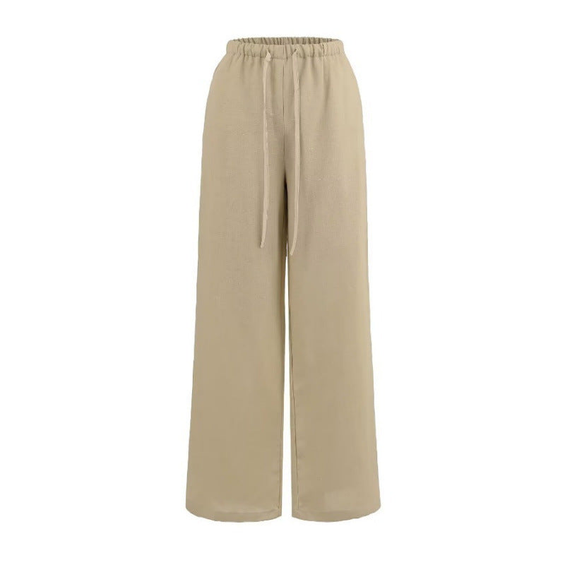 Women's Summer Breathing Linen Narrow Waist Drawstring Casual Wide Pants