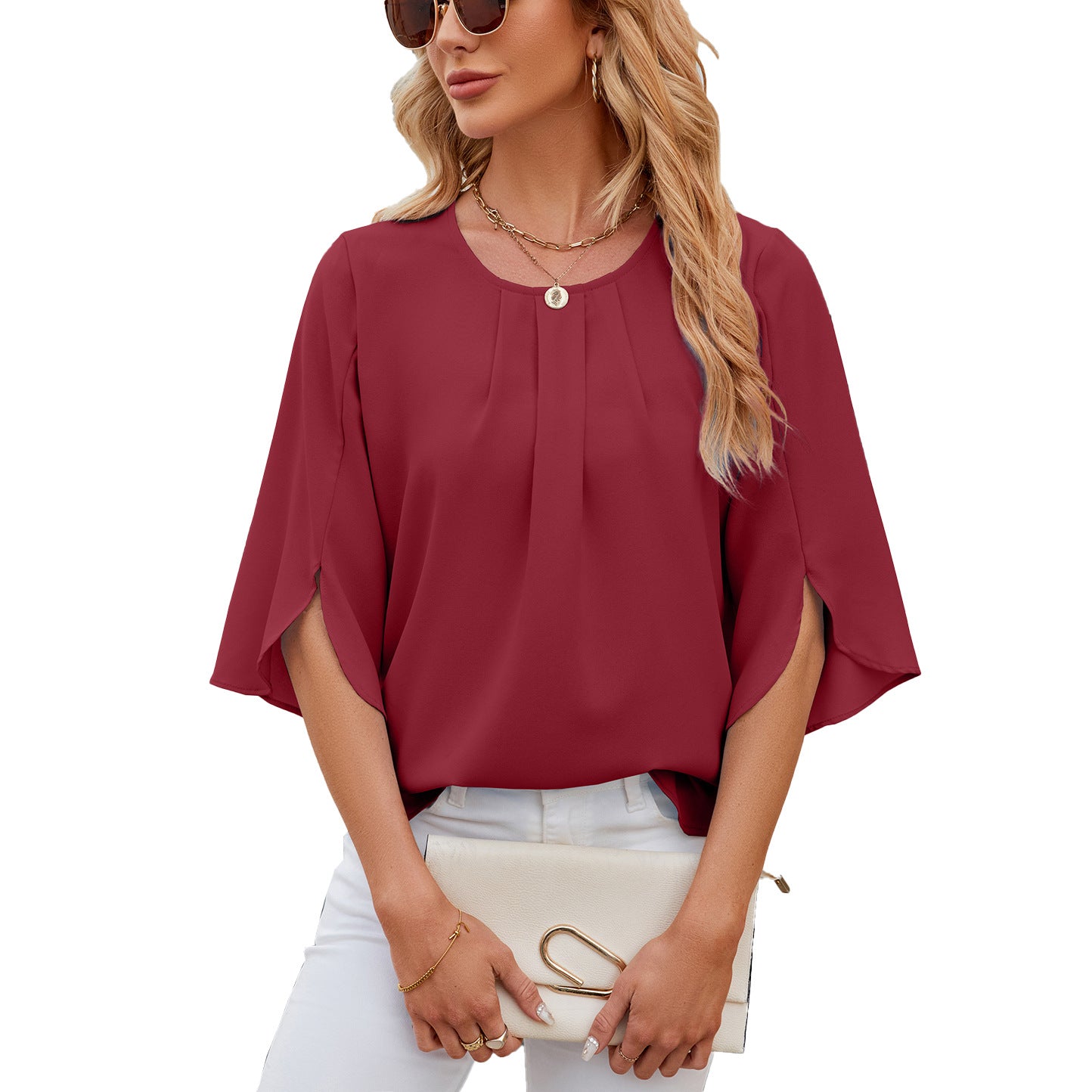 Women's Solid Color Round Neck Half Sleeve Blouses