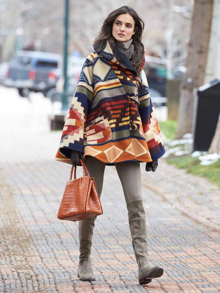 Women's Long Sleeve Hooded Printed Woolen Coats