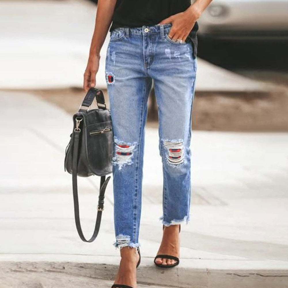 Women's Ripped Tassel Slimming Wear Denim Trousers Jeans