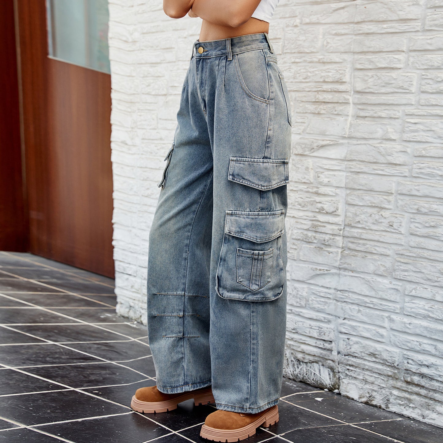 Women's Washed Half Elastic Loose Denim Overalls Jeans
