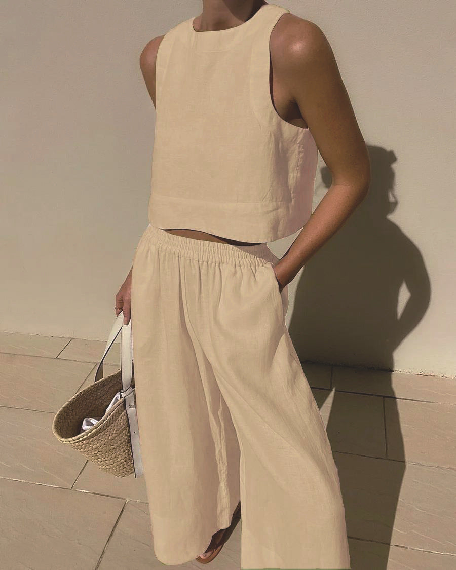 Loose Solid Color Sleeveless Shirt Trousers Fashion Casual Suit