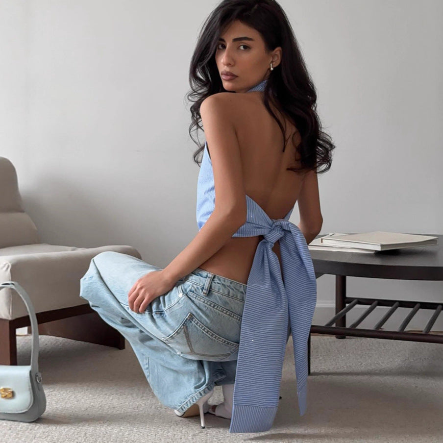 Women's Hot Style Jacquard Halter Backless Striped Spaghetti Straps Tops