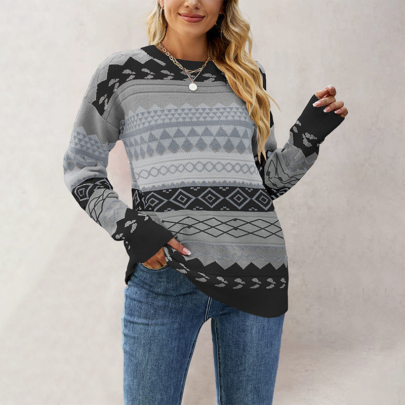 Women's Pattern Rhombus Jacquard Mosaic Pullover Vintage Sweaters