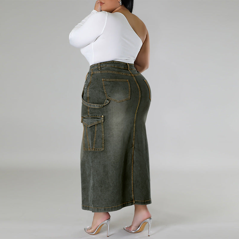 Women's Large Denim Decorative Sleeveless Split Source Skirts