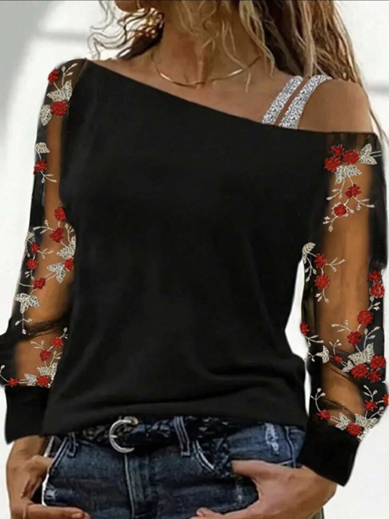 Diagonal Collar Gauzy Long Sleeve T-shirt Fashion Blouses