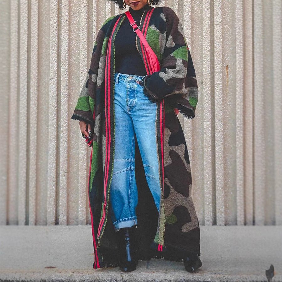 Women's Scarf Army Green Camouflage Red Striped Coats