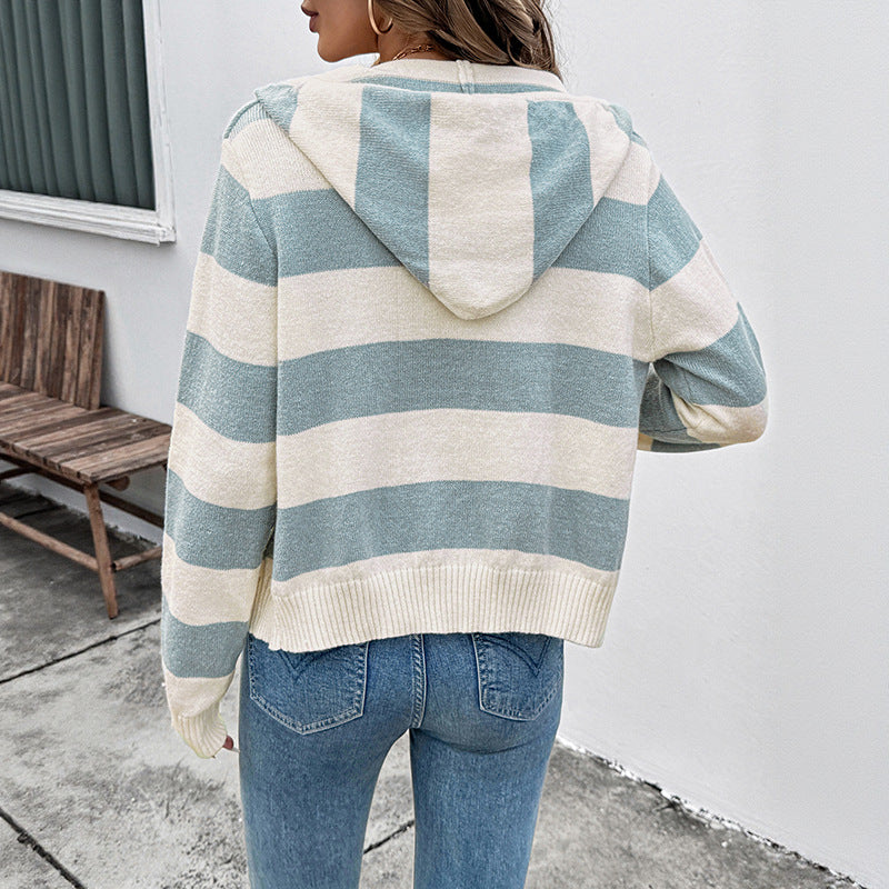 Women's Hooded Knitted Flanging Striped Contrast Color Sweaters