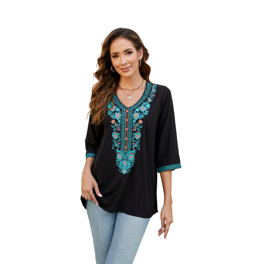 Women's Summer Artistic Loose Thin Embroidery Half Blouses