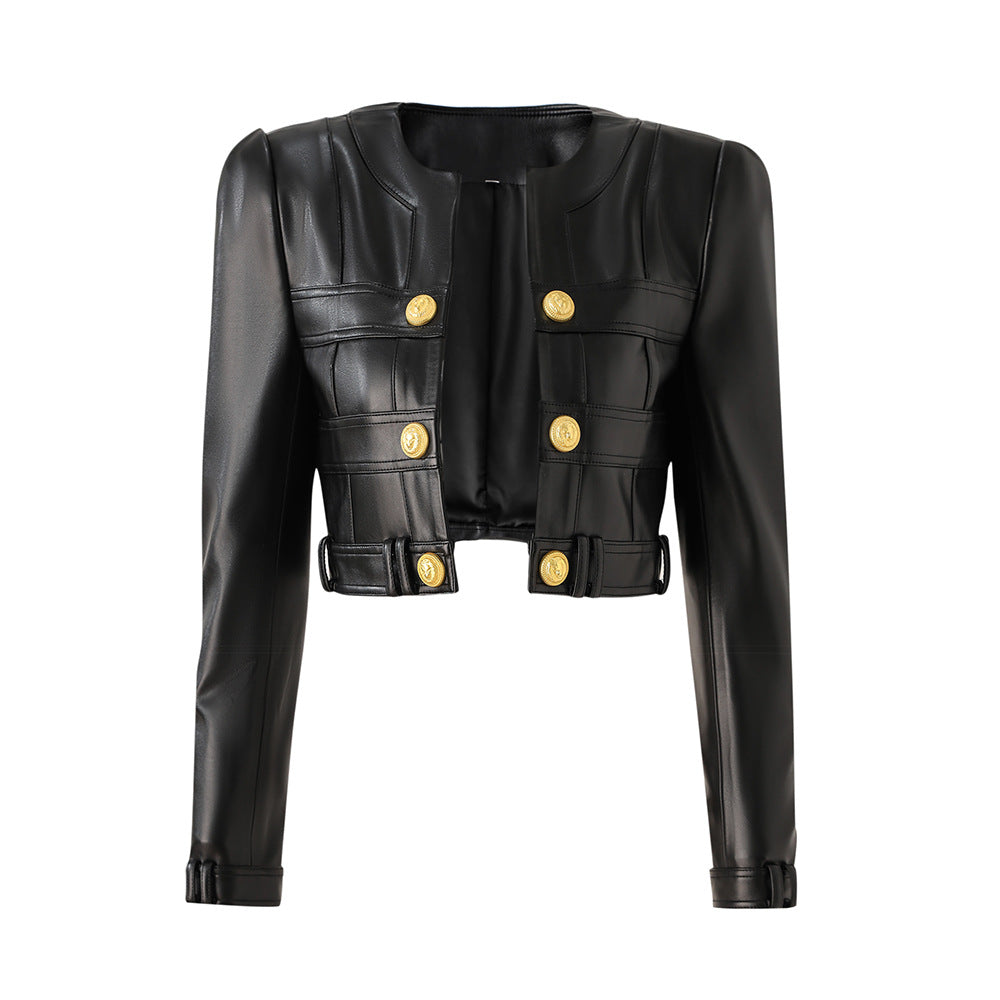Stitching Small Round Neck Padded Shoulder Jackets