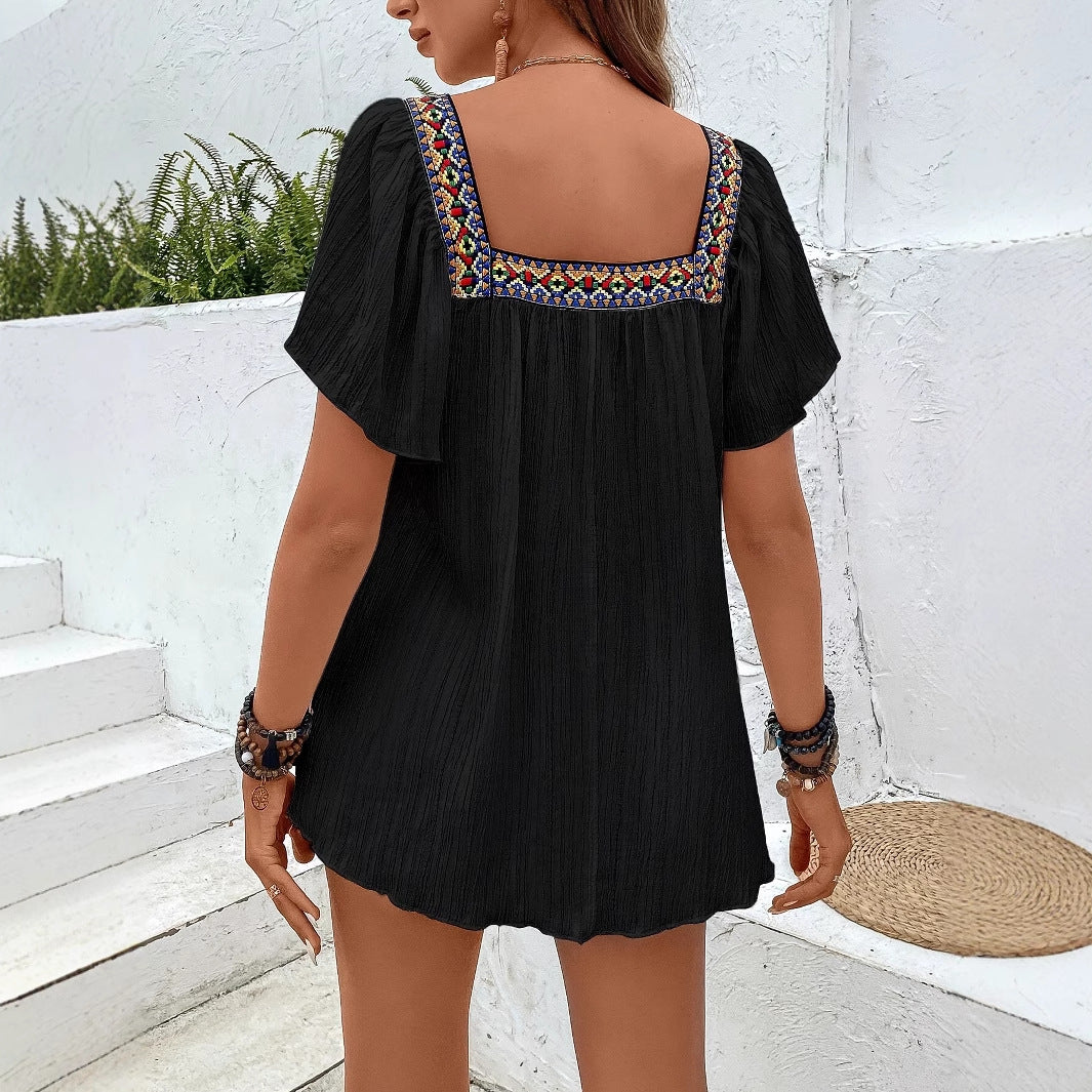 Women's Fashion Summer Square Collar Embroidered Irregular Blouses