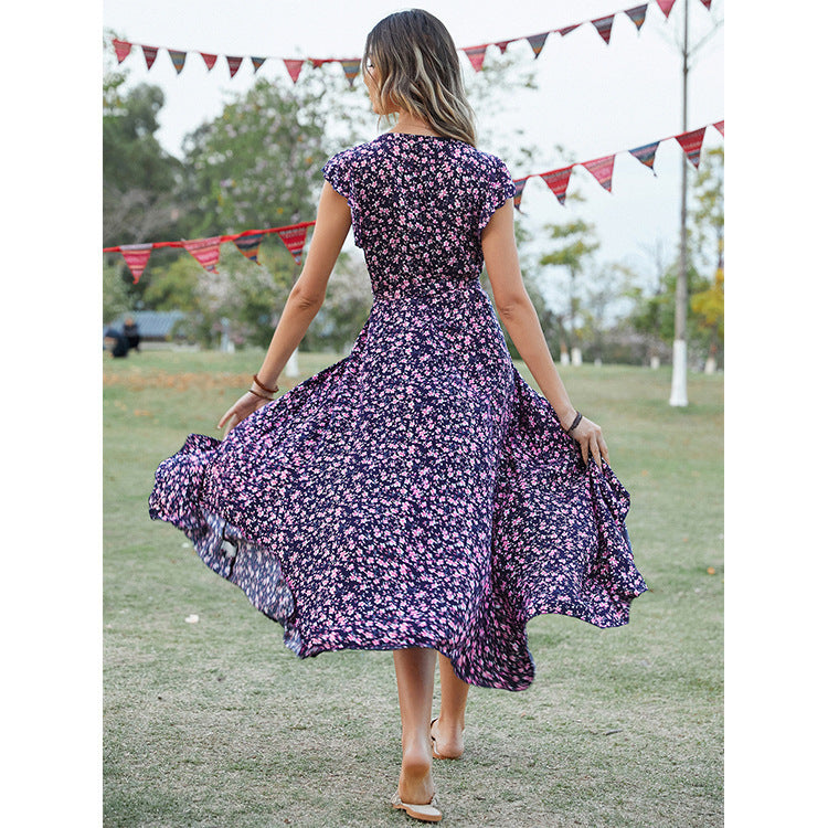 Summer Vacation Rayon Floral Ruffled Sleeve Fishtail Dresses