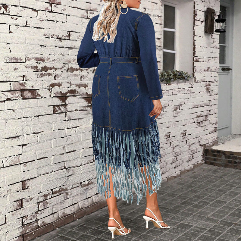 Women's Fashion Stitching Denim Lapel Long Sleeve Dresses