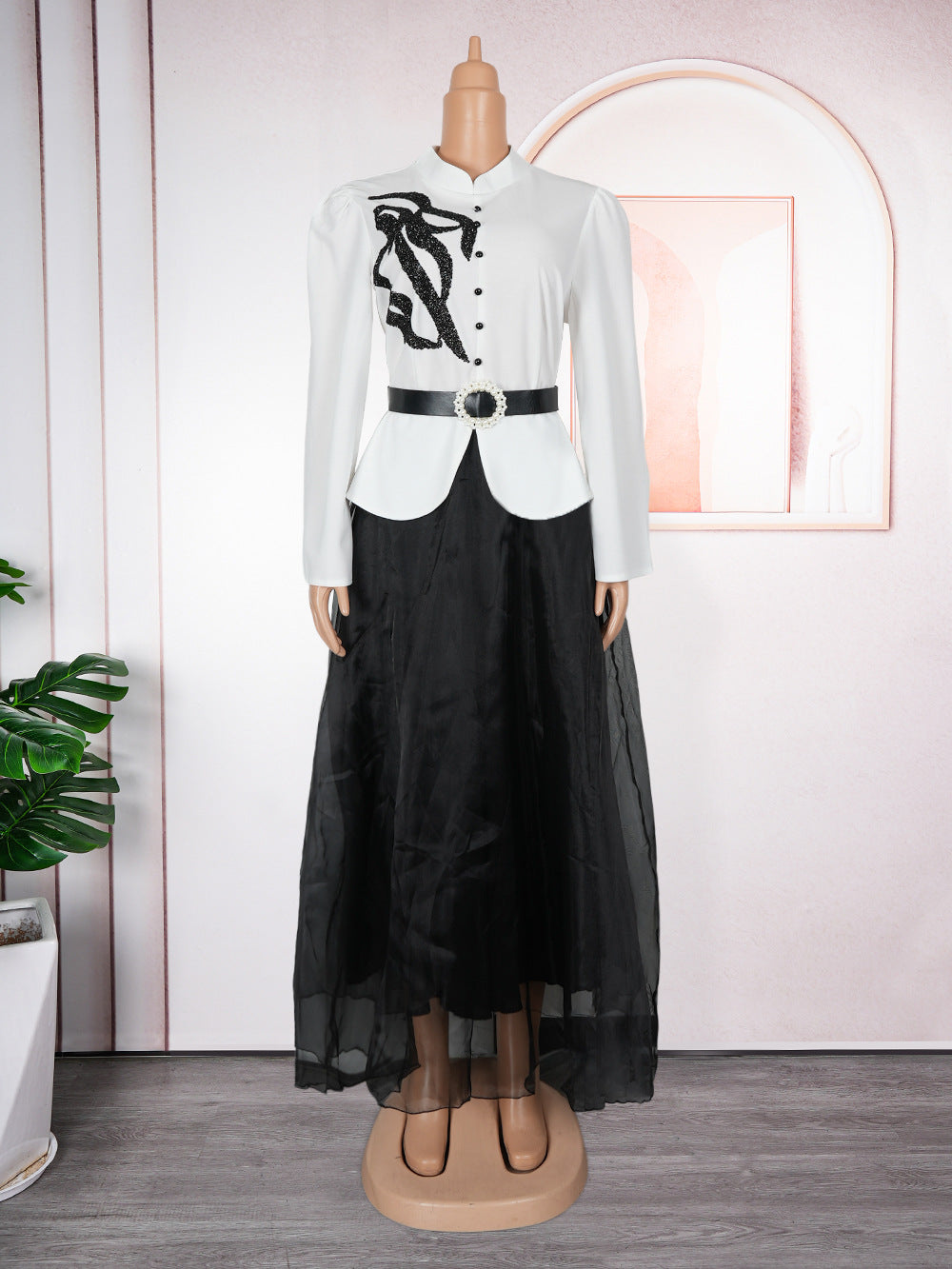 Women's Fashion Long Sleeve Button Two-piece Crystals Dresses