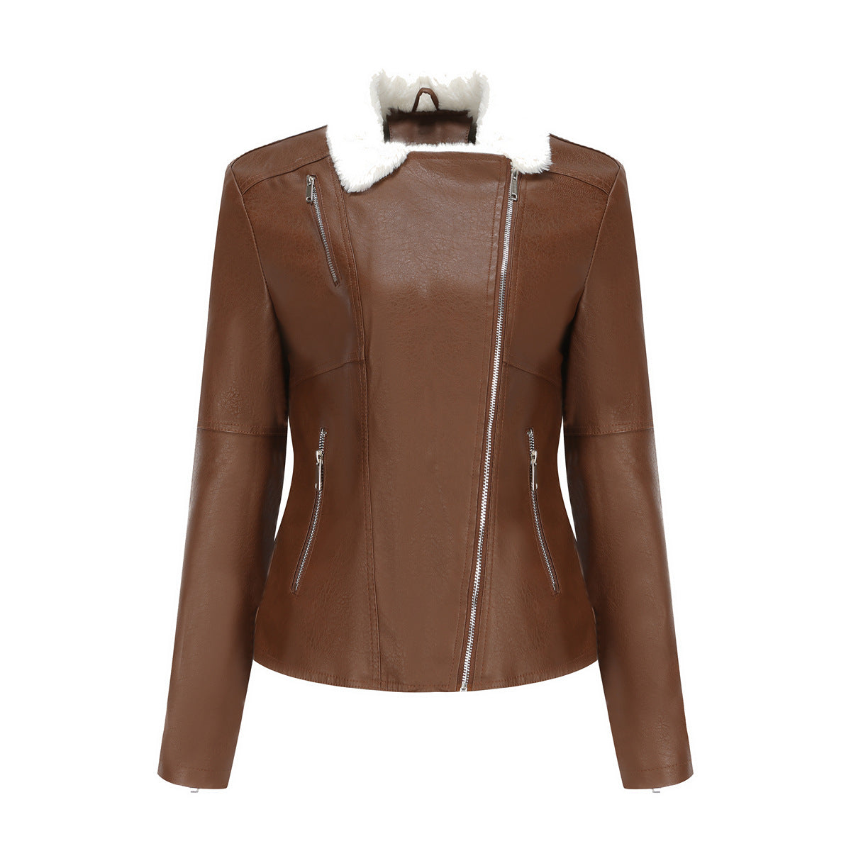 Women's Fur Integrated Leather Fleece-lined Long Sleeve Jackets