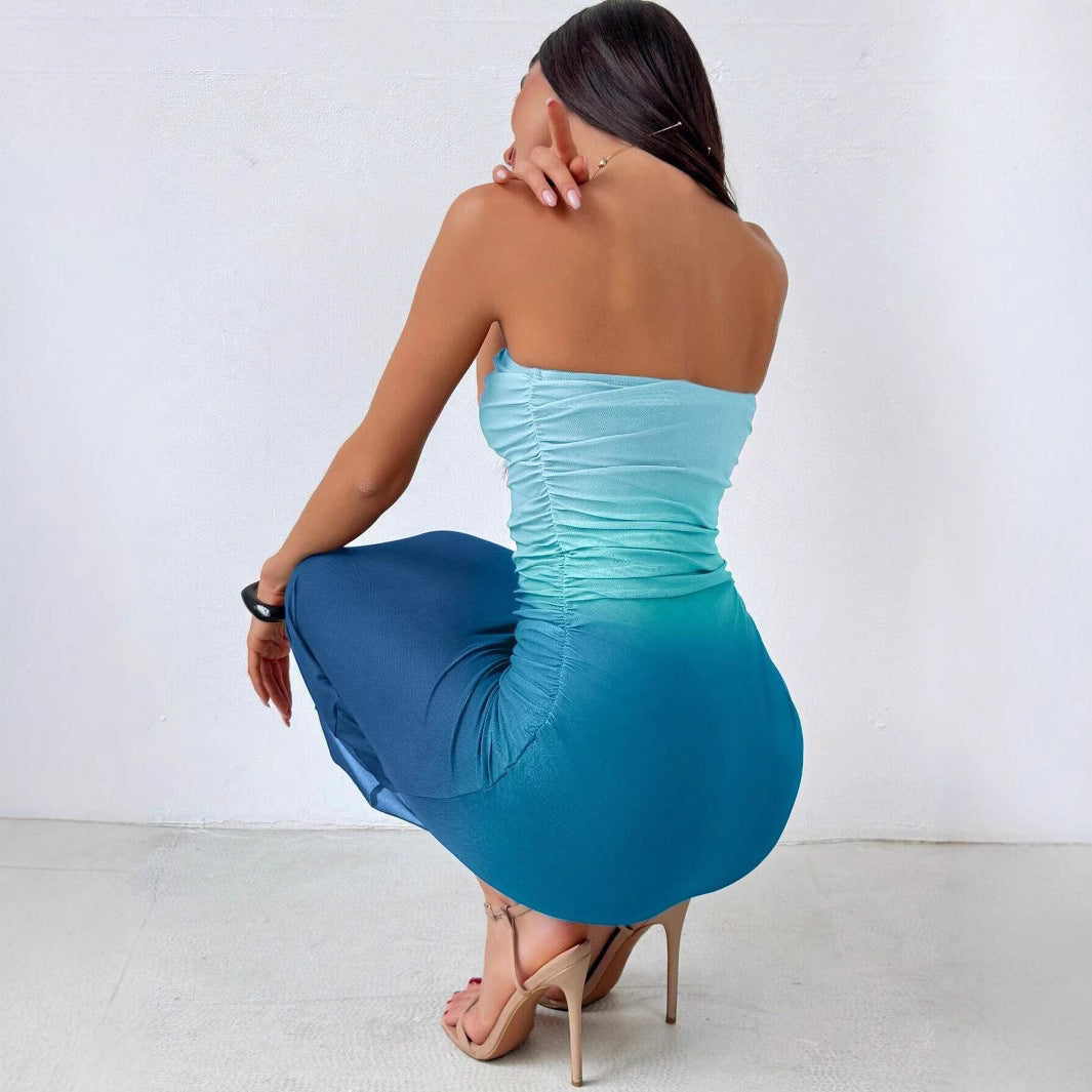 Gradient Pleated Sexy Tight Split Strapless Dresses