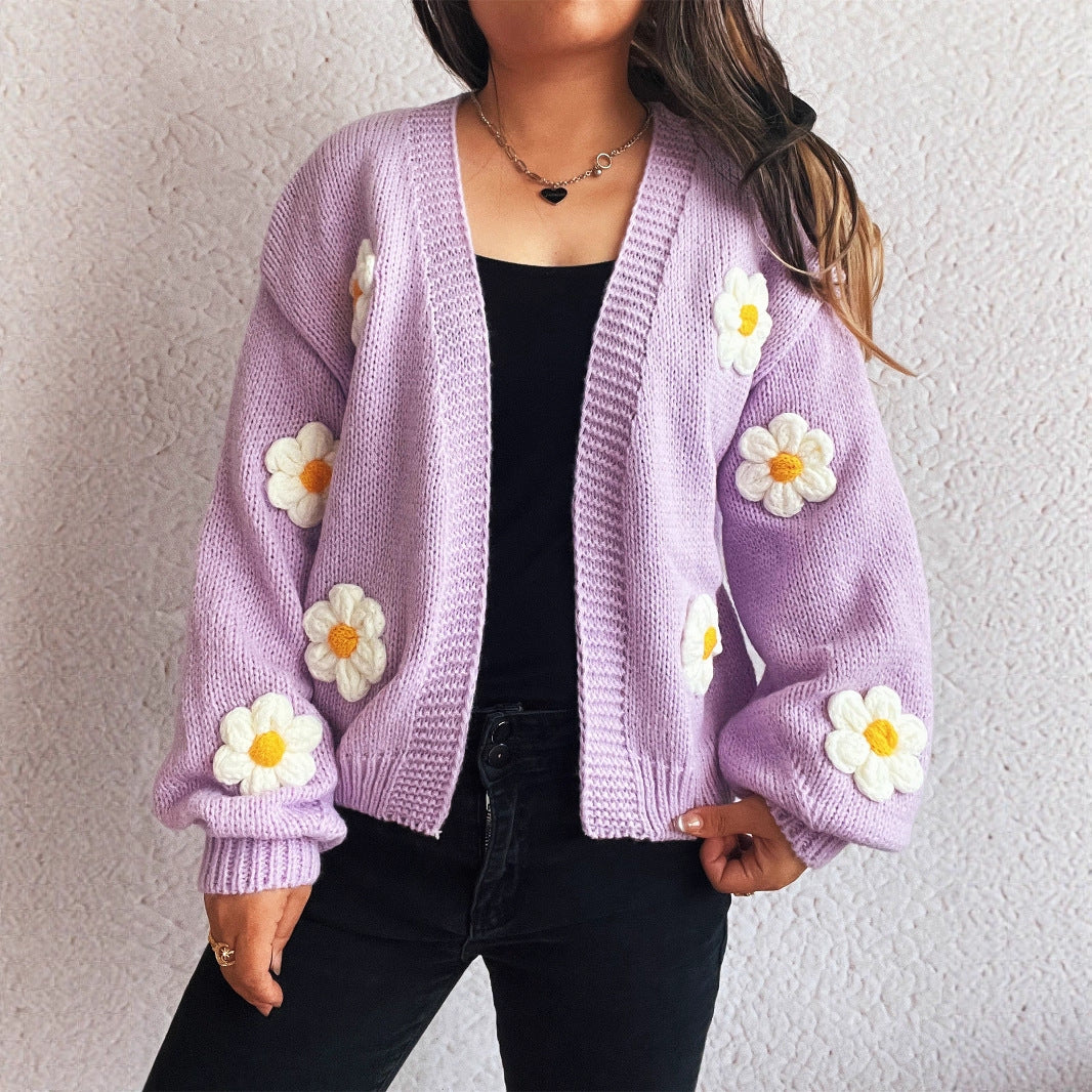 Versatile Sweet Leisure Knitted Stitching Flower Sweaters