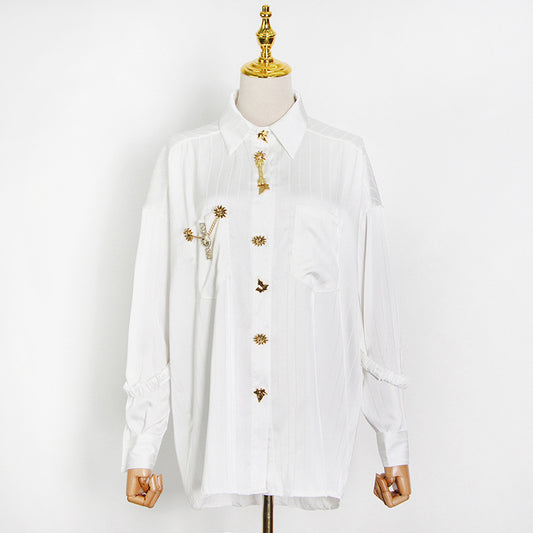Women's Retro Summer Striped Metal Buckle Lapel Blouses
