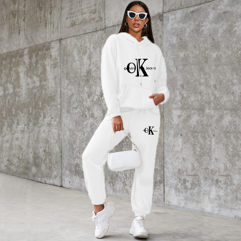 Women's American Style Loose Hooded Printed Veet Padded Fashion Casual Suit
