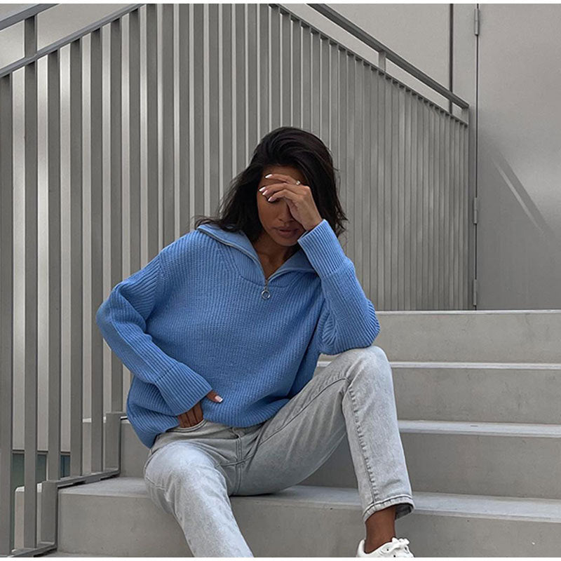 Women's Zipper Pullover Knitted Loose Casual Sweaters