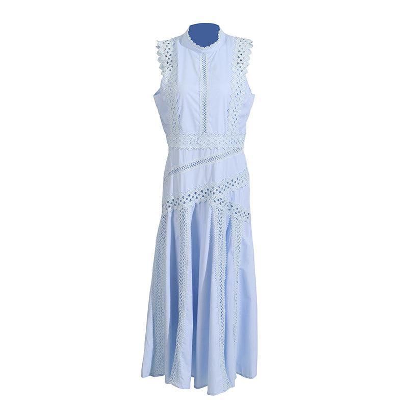 Women's High-grade Long Summer Stand Collar Sleeveless Lace Hollow Thin Clothing
