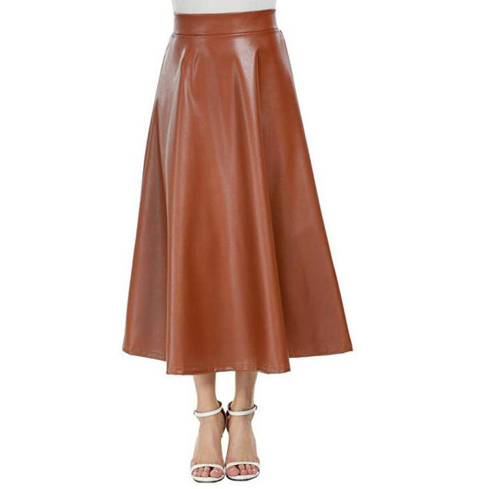 Women's High Waist Leather Mid-length Large Swing Skirts