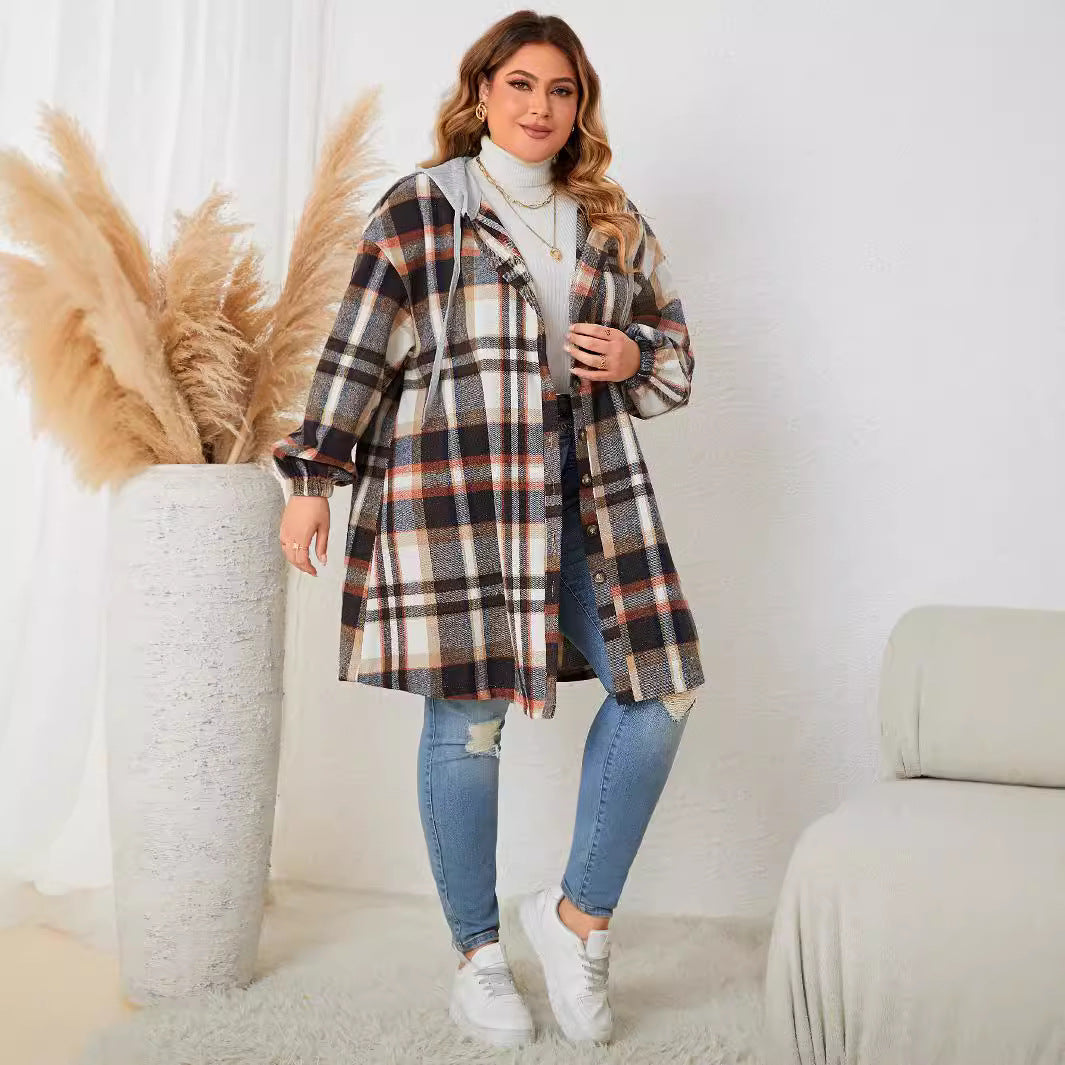 Women's Versatile Slouchy Plaid Hooded Mid-length Coats