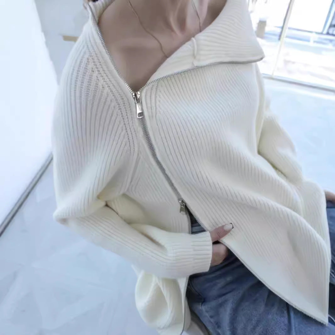 Turtleneck Zipper Sexy Loose Long Sleeve Thermal Outer Wear Knitwear