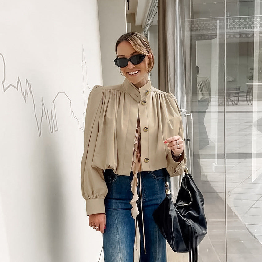 Women's Fashionable High-grade Casual Khaki Stand-up Collar Coats