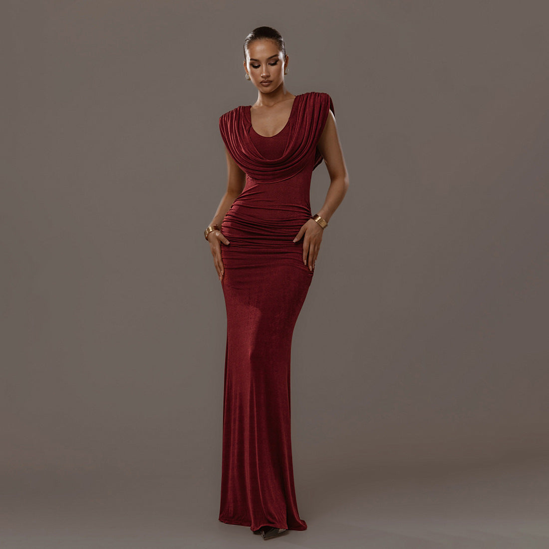 Women's Autumn Fashionable Temperament Swing Collar Elegant Fitted Waist Pleated Slim Dress