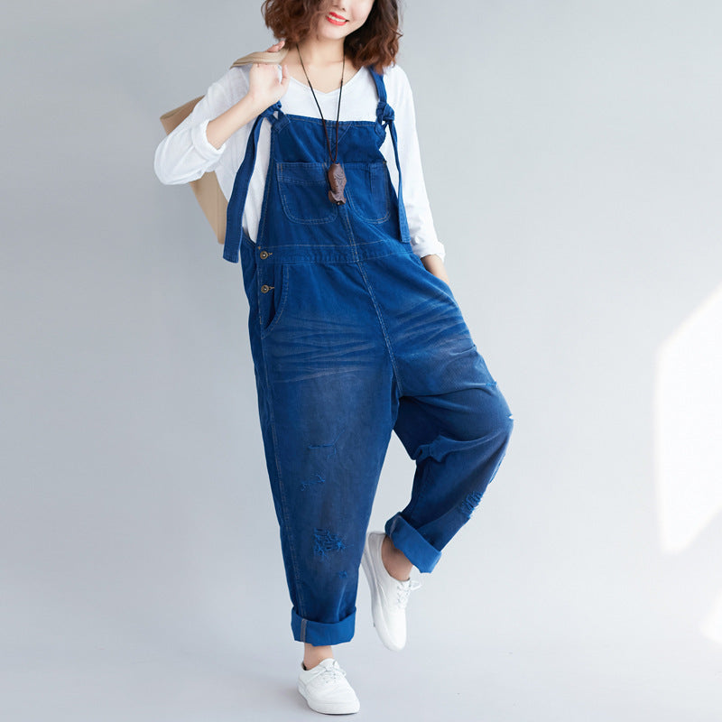 Make Old Ripped Corduroy Hanging Crotch Suspender Casual Pants