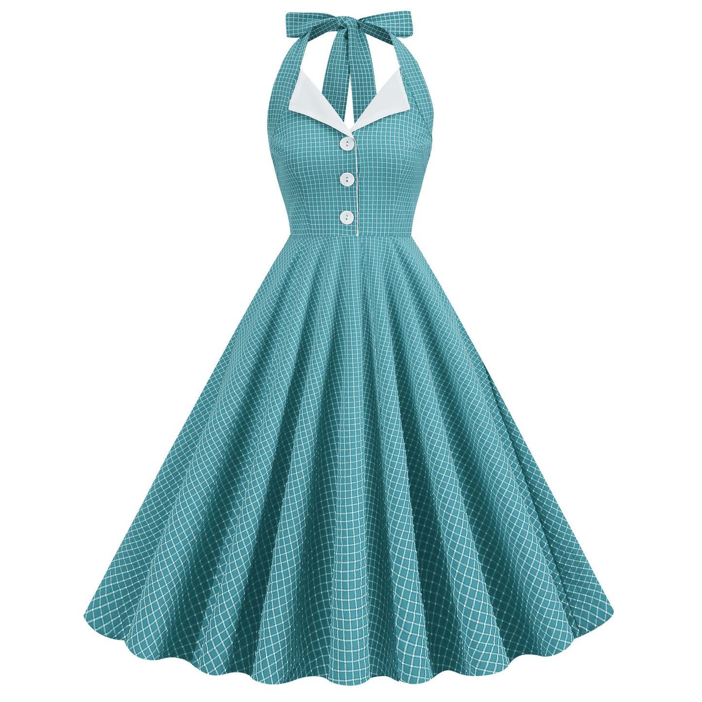 Navy Style Plaid Contrast Color Lapel Halter Large Swing Hepburn Dress