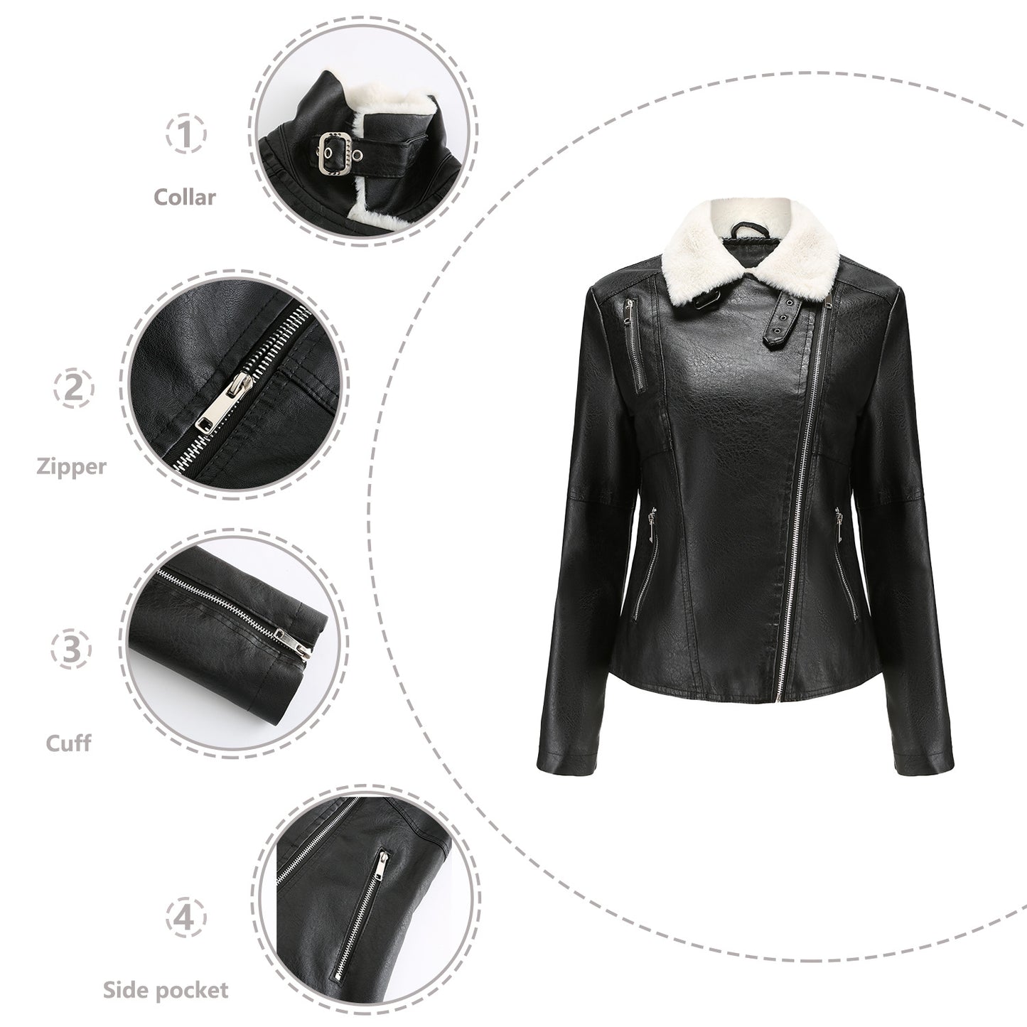Women's Fur Integrated Leather Fleece-lined Long Sleeve Jackets